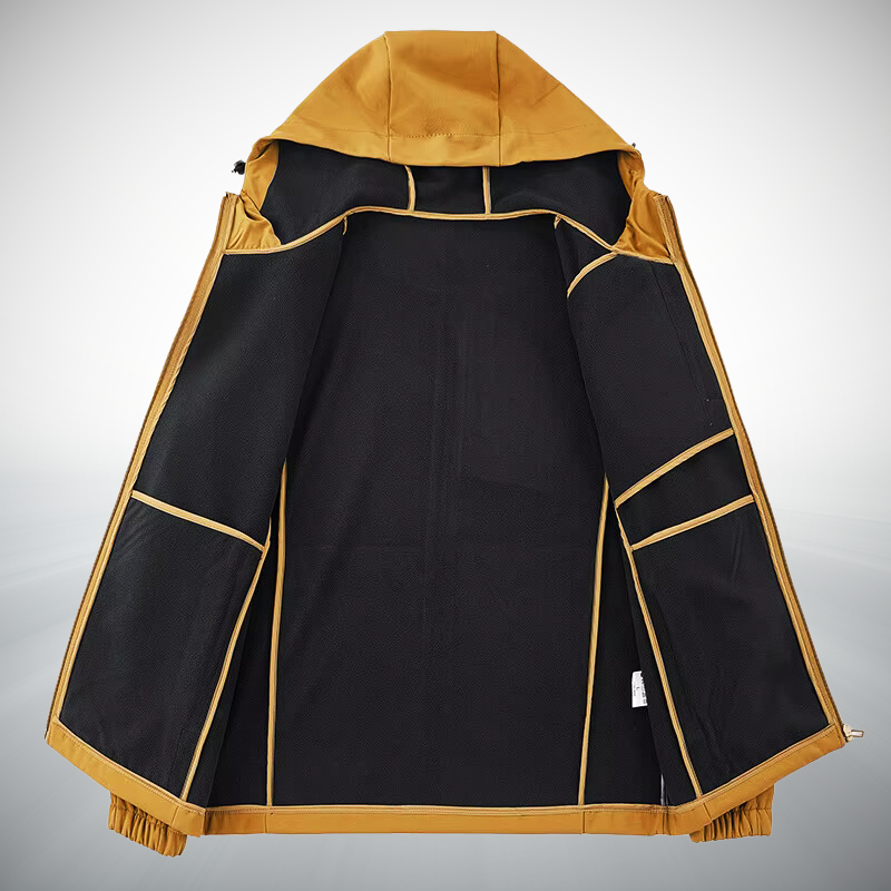 KEW Softshell Jacket in ochre, shown unzipped